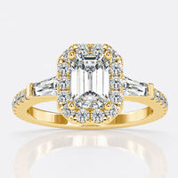 Three Stone Emerald Cut Halo Engagement Ring