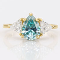 2.34 TW Pear Cyan Blue and Triangle Cut Three Stone Moissanite Engagement Ring