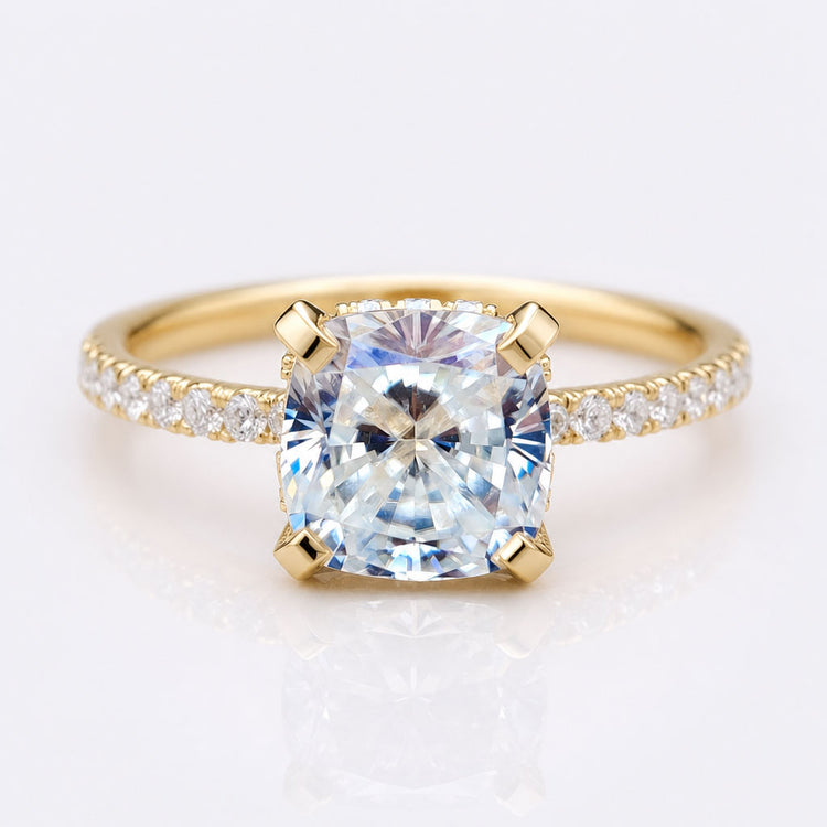 2.43 TCW Cushion Cut Colorless Moissanite Hidden Halo Pave Engagement Ring