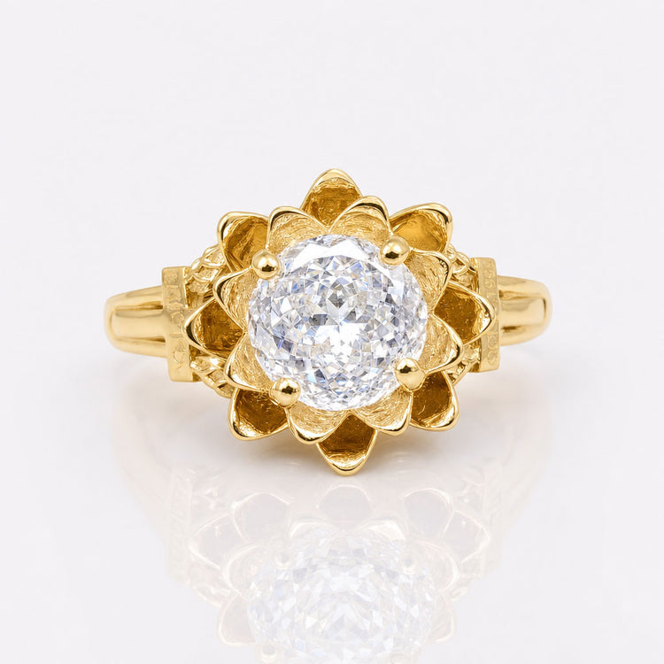 Floral Setting Portuguese cut Two Tone Moissanite Ring