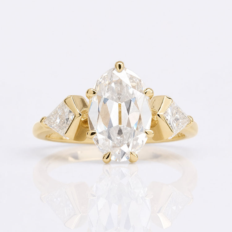 2.60 TCW Oval OEC with kite cut Three Stone Moissanite Engagement Ring
