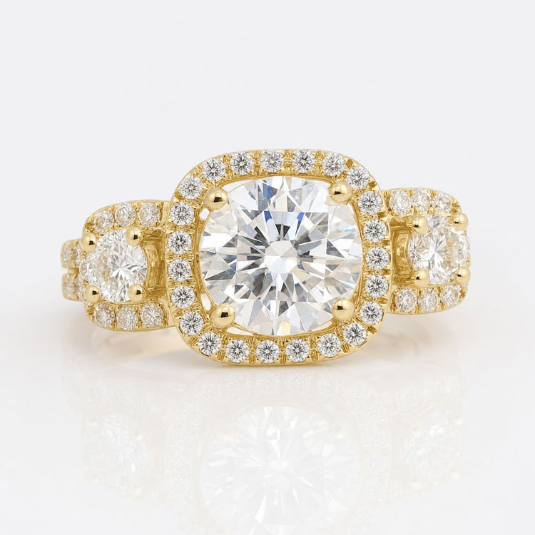 2.61 CT Round Moissanite Three Stone Cushion Halo Split Shank Engagement Ring