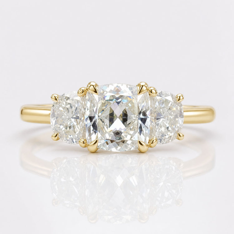 Cushion Moissanite Divine and Half Moon Three Stone Ring 1.8 TCW