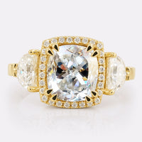 Cushion Divine with Side Half-Moon and Baguette Vintage Engagement Ring