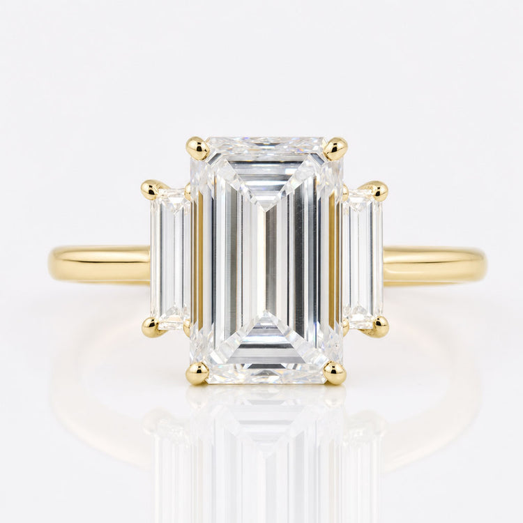 Emerald with Baguette Three Stone Classic Moissanite Engagement Ring