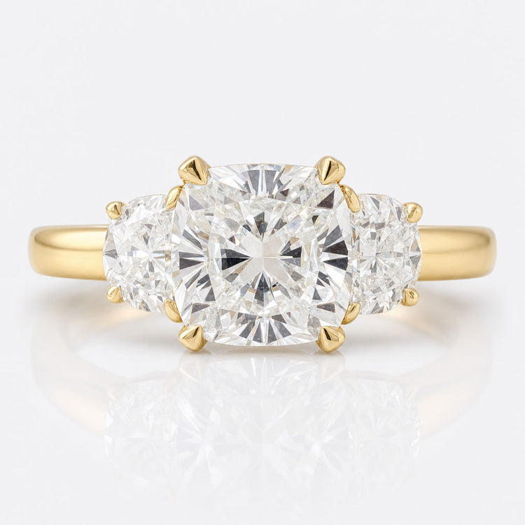 2.68 TW Cushion cut with Side Half-moon Three Stone Engagement Ring