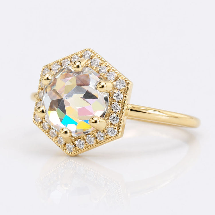 Hexagonal Halo Outline Round Rose Cut Moissanite Engagement Ring