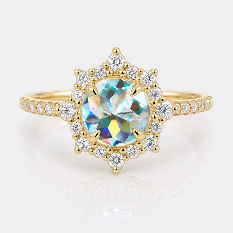 1.28 TCW Round Rose Cut Cluster Halo Moissanite Engagement Ring