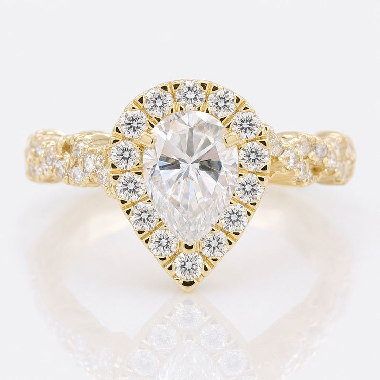 1.61 TCW Pear-Cut Halo Twist Pave Moissanite Engagement Ring