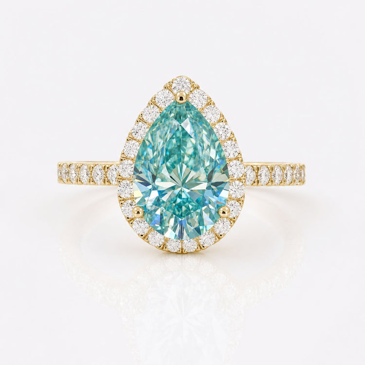 2.30 TCW Cyan Blue Pear Cut Halo Pave Moissanite Wedding Ring