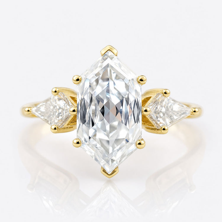 2.54 TCW Center Hexagon Rose Cut with side Kite Three Stone Engagement Ring