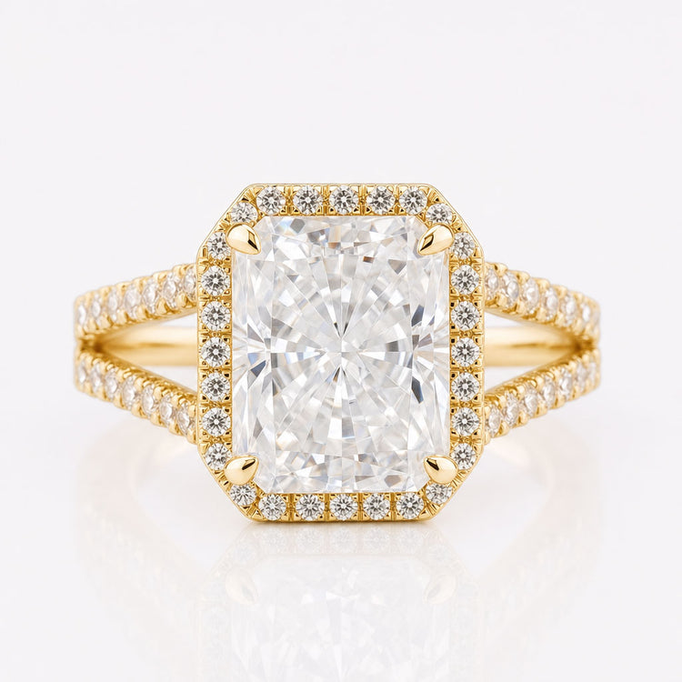 3.58 TCW Radiant Cut Split Shank Moissanite Halo Engagement Ring