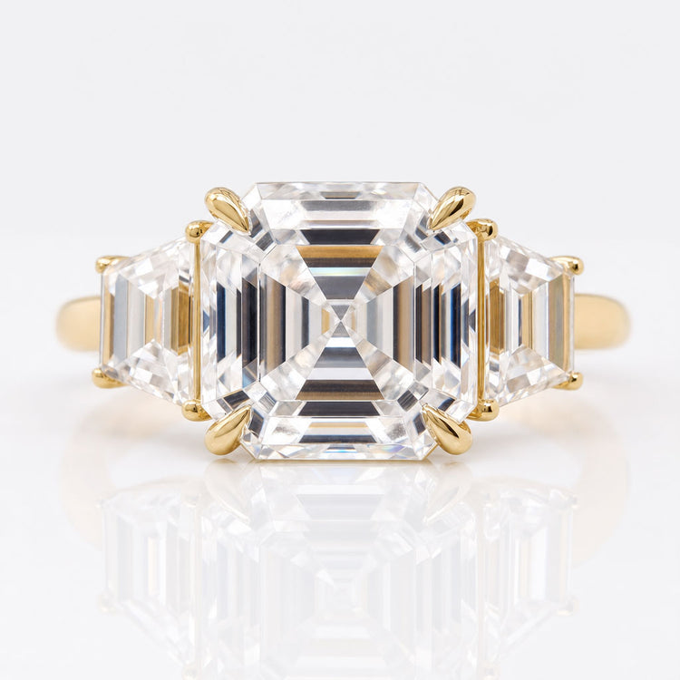 2.78 TCW Asscher Trapezoid Moissanite Three Stones Engagement Ring