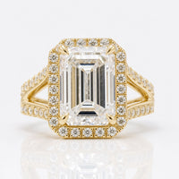 3.77 TCW Emerald Step Cut Split Shank Halo Moissanite Engagement Ring