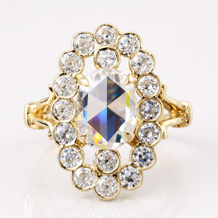 Antique Vintage 2.87 TCW Oval Rose Cut Moissanite Halo Engagement Ring