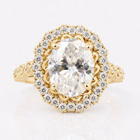 2.29 TW Oval Cut Twisted Outline Cathedral Set Moissanite Halo Engagement Ring