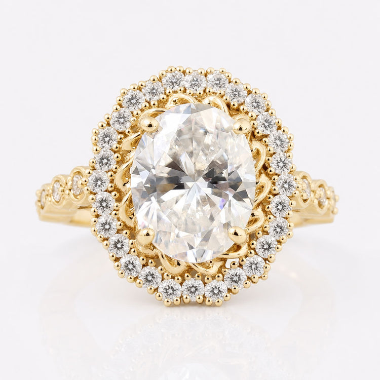 2.29 TW Oval Cut Twisted Outline Cathedral Set Moissanite Halo Engagement Ring
