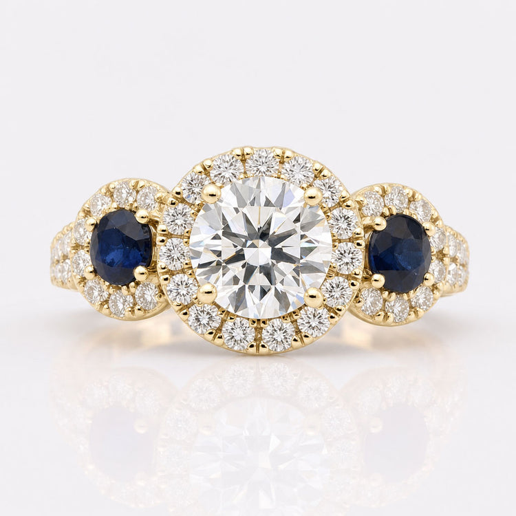 2.13 TCW Round Cut with Blue Sapphire Three Stones Engagement Ring