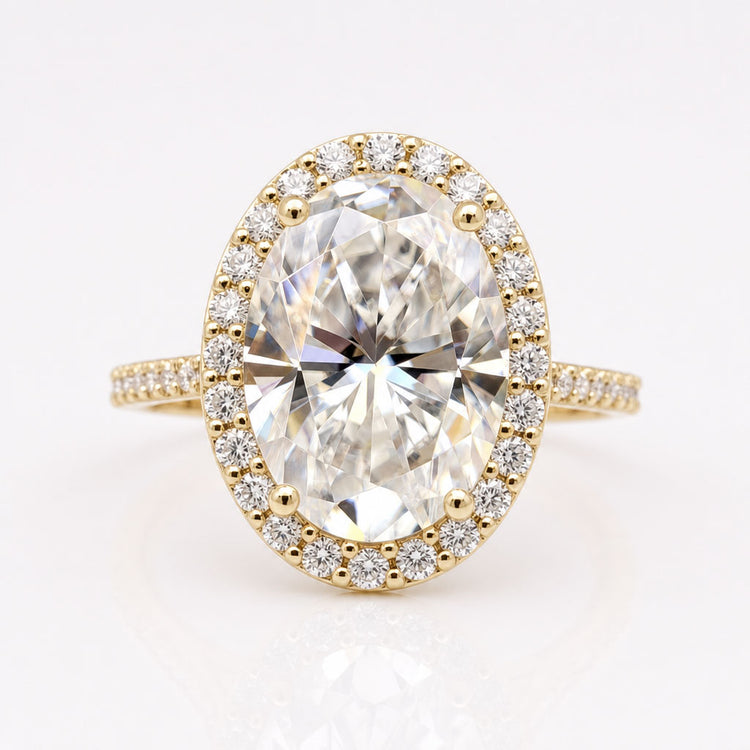 6.44 TCW Eye Catching Oval Cut Halo Pave Set Moissanite Engagement Ring