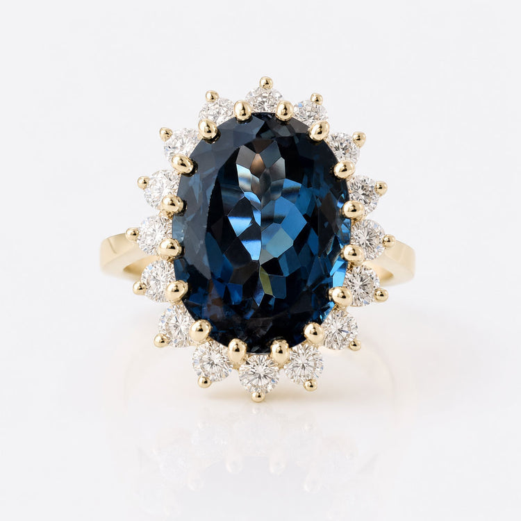 11.83 TCW London Blue Topaz Oval Cut Unique Cluster Halo Engagement Ring