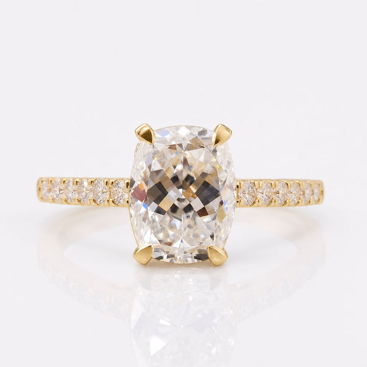 2.39 TW Cushion Divine Cut Cathedral Pave Set Unique Moissanite Engagement Ring