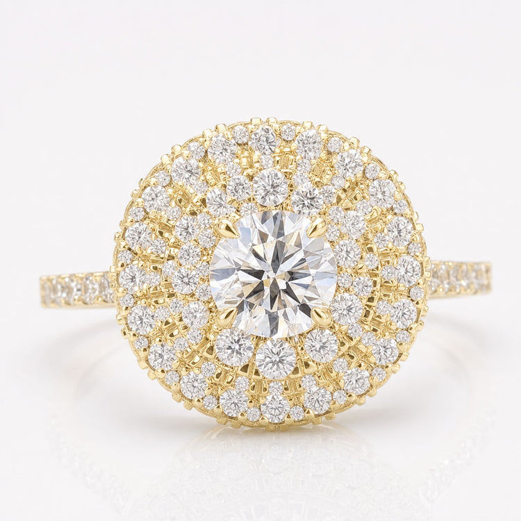 1.82 TCW Round Cut Cathedral Set Double Halo Moissanite Engagement Ring