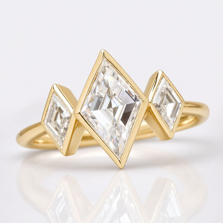 Bezel Set 1.29 TW Lozenge Cut Moissanite Three Stones Engagement Ring