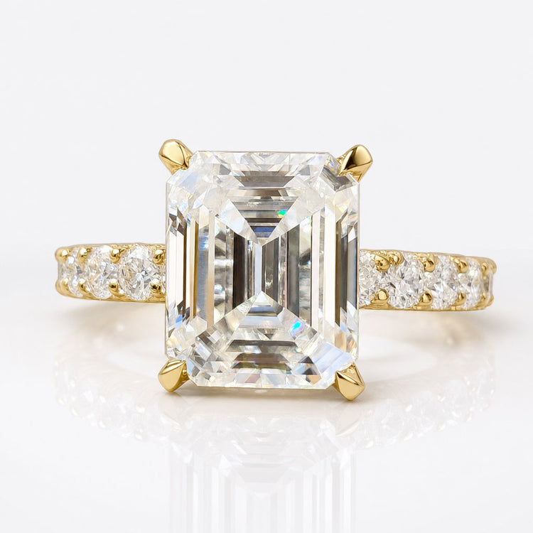 Emerald Cut 6.70 TW Moissanite Invisible Halo Engagement Ring, U Shape Pave Shared Prong Unique Moissanite Engagement Ring