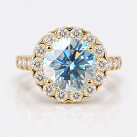 Cathedral Set 2.37 TCW Round Brilliant Cut Cyan Blue Moissanite Halo Engagement Ring