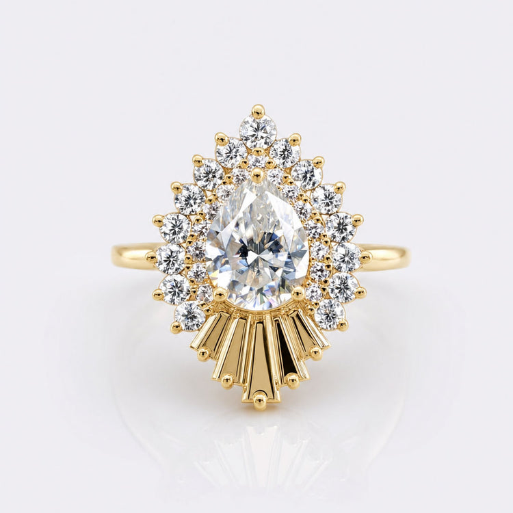 3.19 TW Pear with Black Baguette Moissanite Unique Double Halo Ring