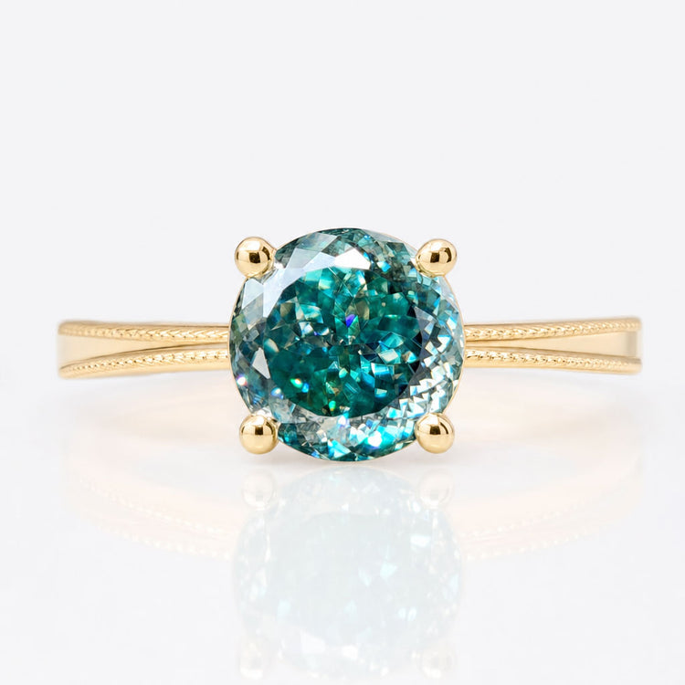 Milgrain Tapered Shank 1.01 CT Cyan Blue Portuguese Cut Moissanite Solitaire Engagement Ring