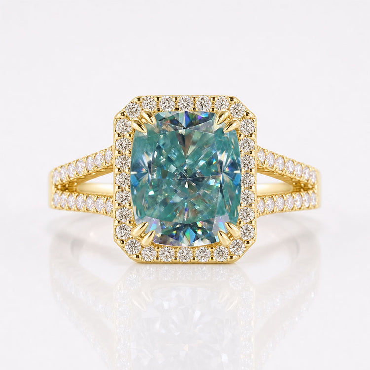 5.46 TW Cyan Blue Cushion Cut Split Shank Affordable Moissanite Halo Engagement Ring
