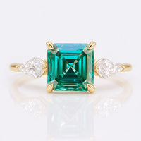 2.15 TW Asscher Step Cut Green Moissanite with Side Kite Cut Unique Three Stone Engagement Ring