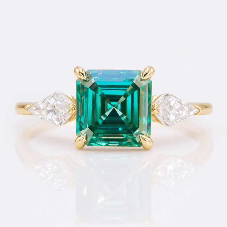 2.15 TW Asscher Step Cut Green Moissanite with Side Kite Cut Unique Three Stone Engagement Ring