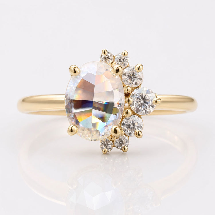 1.31 TW Oval Rose Cut Vintage Inspired Half Moon Crescent Cluster Halo Engagement Ring