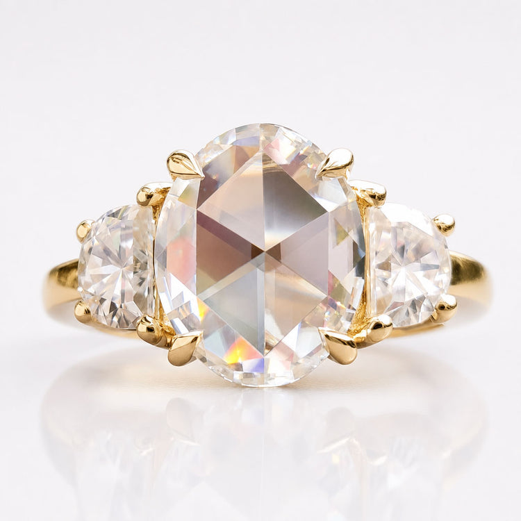 Oval Rose Cut and Half Moon Moissanite Three Stone Ring 2 CT