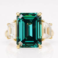 Three Stones Engagement Ring, 9.81 TW Green Emerald Cut with Colorless Trapezoid Cut Moissanite Ring