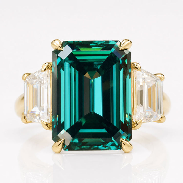 Three Stones Engagement Ring, 9.81 TW Green Emerald Cut with Colorless Trapezoid Cut Moissanite Ring
