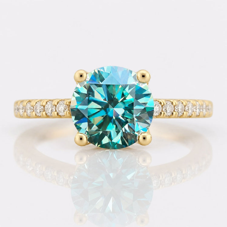 1.25 CT Round Brilliant Cut Cyan Blue Moissanite Ring, Pave Engagement Ring