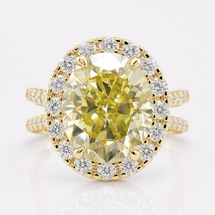 Oval Cut Canary Yellow Moissanite Pavé Halo Unique Split Shank Ring 4.5 CT