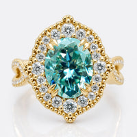Oval Cyan Blue Moissanite Twisted Pavé Set Halo Ring 3.1 CT