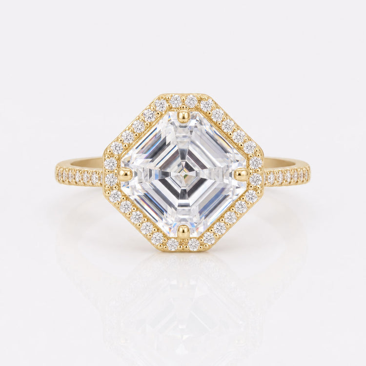 Asscher Cut Moissanite Cathedral Set Pavé Halo Ring 11.8 CT