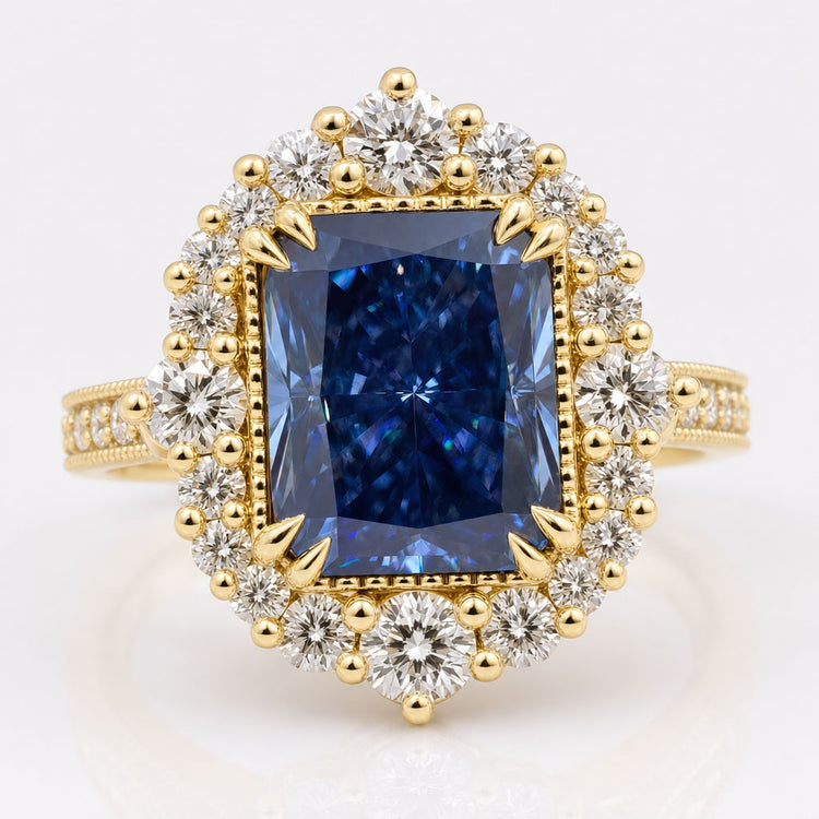 Radiant Blue Moissanite Antique Pavé Halo Vintage Ring 2.8 CT