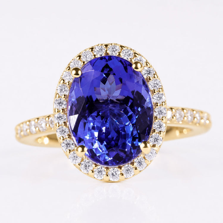 Tanzanite Gemstone Ring, 4.29 CT Natural Tanzanite Oval Shape Wedding Ring, Halo/Pave Round Moissanite