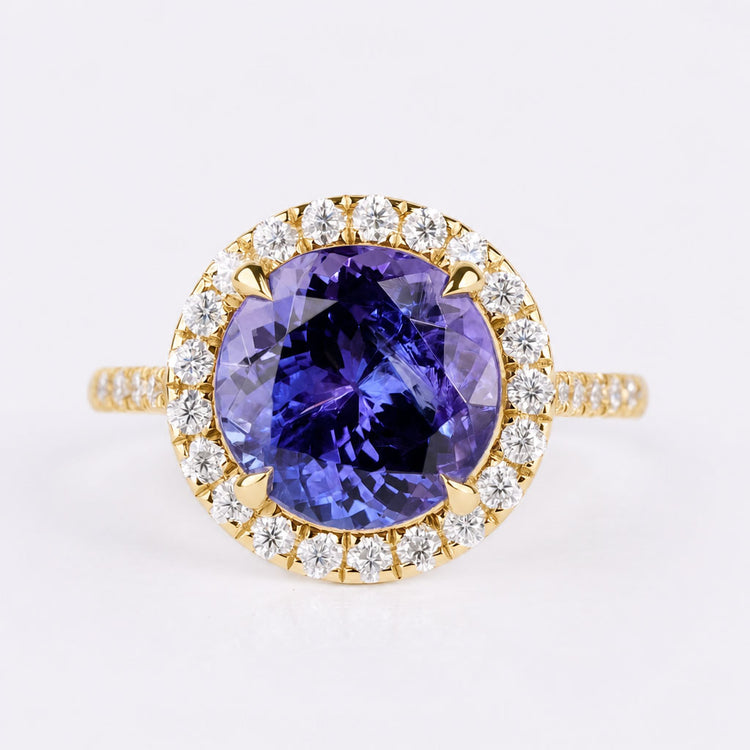 Round Natural Tanzanite Pavé Halo Ring 3.9 CT