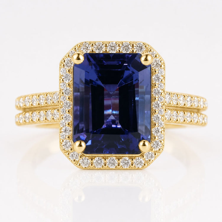 Emerald Cut Natural Tanzanite Pavé Halo Ring 6.3 CT