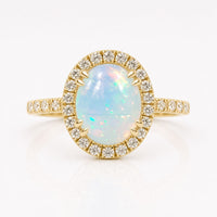 Opal Gemstone Engagement Ring, 1.34 CT Oval October Birthstone Wedding Ring, Halo Round Moissanite