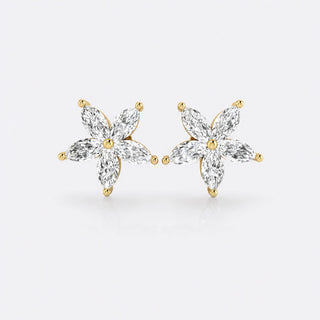 Flower petal marquise cut lab-grown diamond stud earrings in 14k solid yellow gold