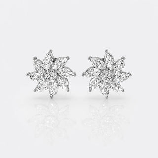 Pinwheel lab-grown diamond stud earrings in 14k solid white gold with marquise and round cut diamonds