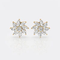 Pinwheel lab-grown diamond stud earrings in 14k solid yellow gold with marquise and round cut diamonds